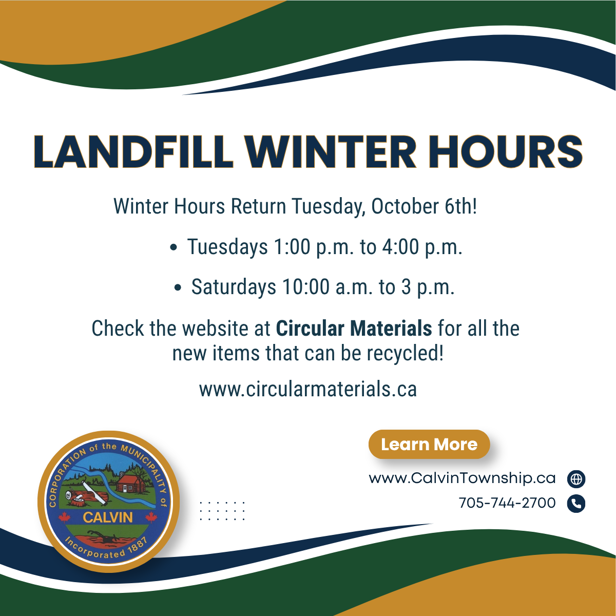 Landfill Winter Hours Return Tuesday, October 6th!